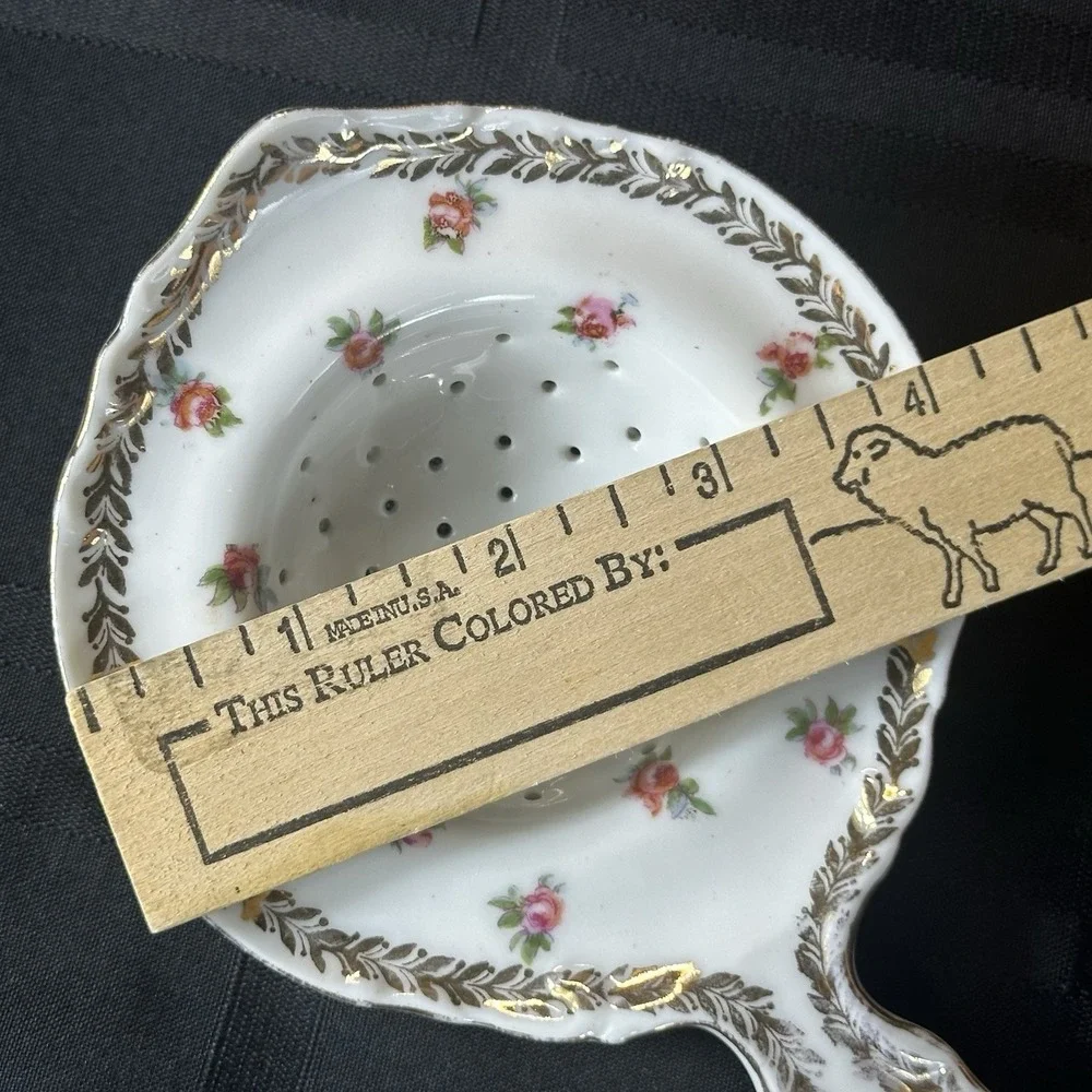 Antique Porcelain Handled Tea Strainer Pink‎ Roses Gold Laurel Shabby Chic